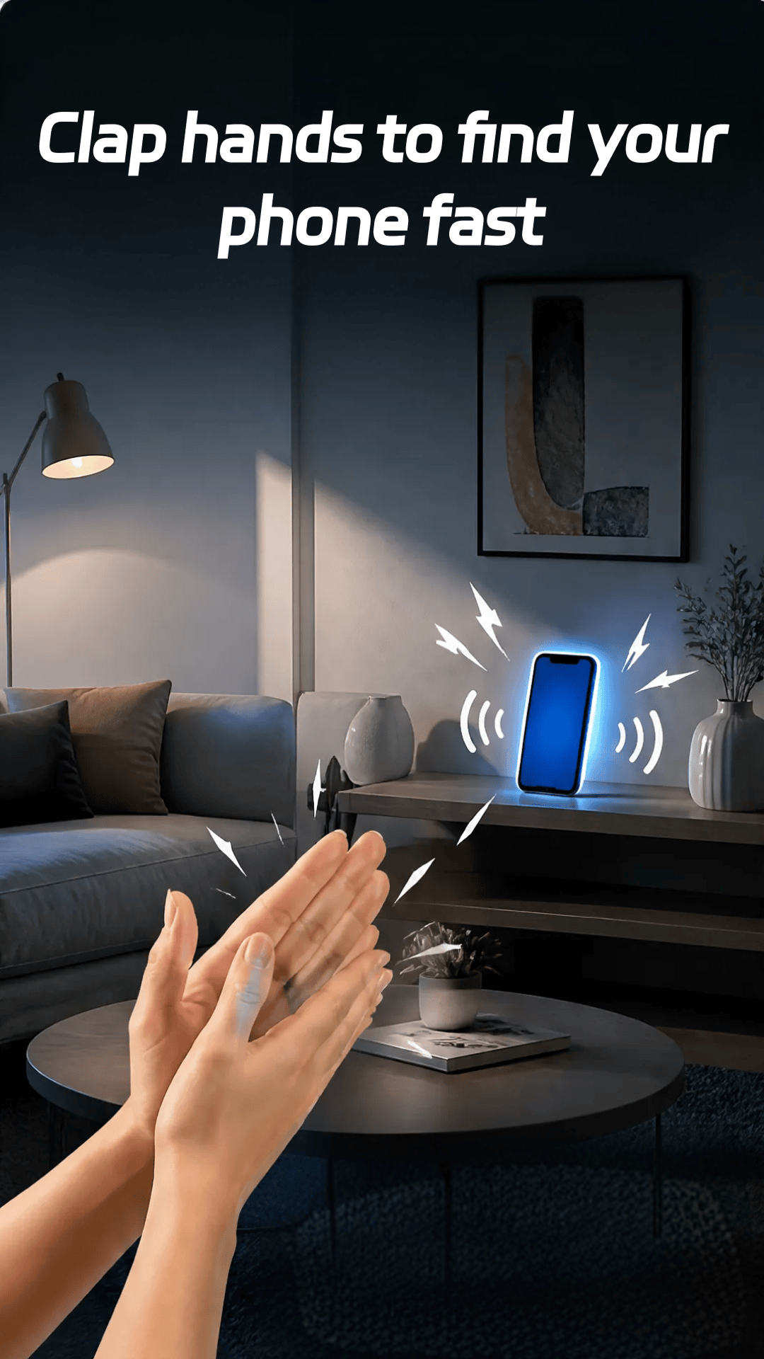 Ping Find Lost Phone showing clap-to-find phone behavior in a living room